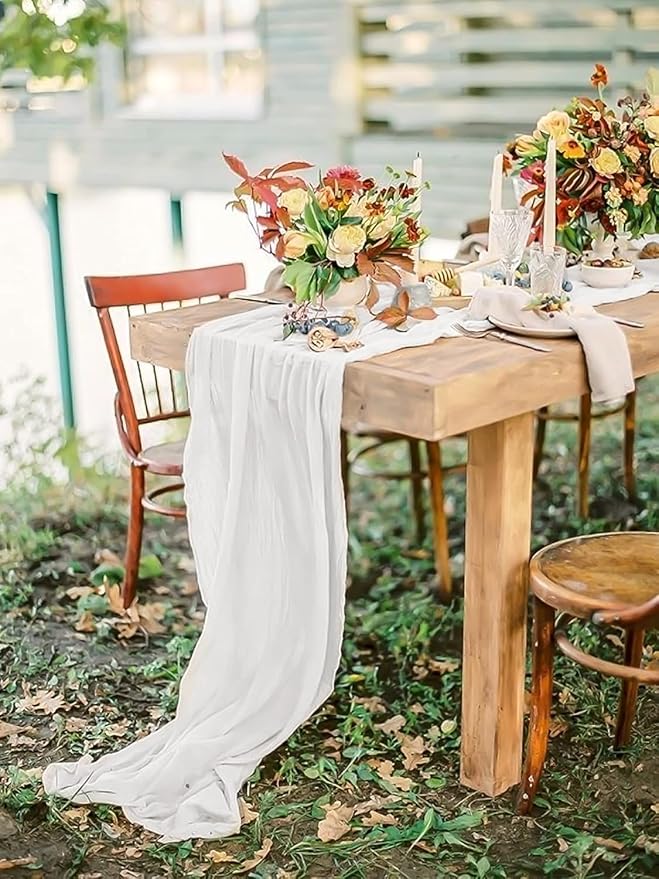 12 Pack White Table Runner, 10FT Cheesecloth Table Runner Long Romantic Semi Sheer Rustic Boho Gauze Table Runners for Wedding Bridal Shower Birthday Party Decorations(21.5×120 Inch)