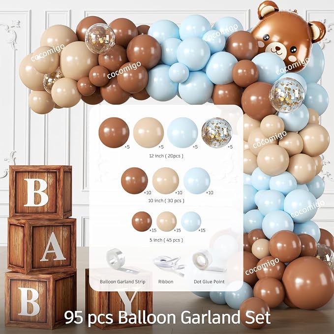342Pcs Blue Bear Baby Shower Decorations Serves 25, All-in-1 Bear Party Decorations with Balloon Arch Kit Flower Crown Headband Plates Napkins Cake Topper Tablecloth Backdrop Blue Baby Shower Decor