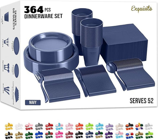 350 Pcs Navy Plastic Plates For Party, Navy Disposable Plates Set, 50 Of Each 9" Dinner Plate Set, 7" Dessert Plate, Cups, Napkins & Cutlery Plastic Dinnerware Set Exquisite