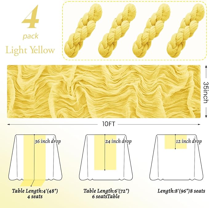 4Pack Light Yellow Cheesecloth Table Runner 10FT Gauze Cheese Cloth Table Runner 35x120Inch Long Boho Spring Easter Table Runners Rustic Sheer Table Runners for Wedding Baby Bridal Shower Decor