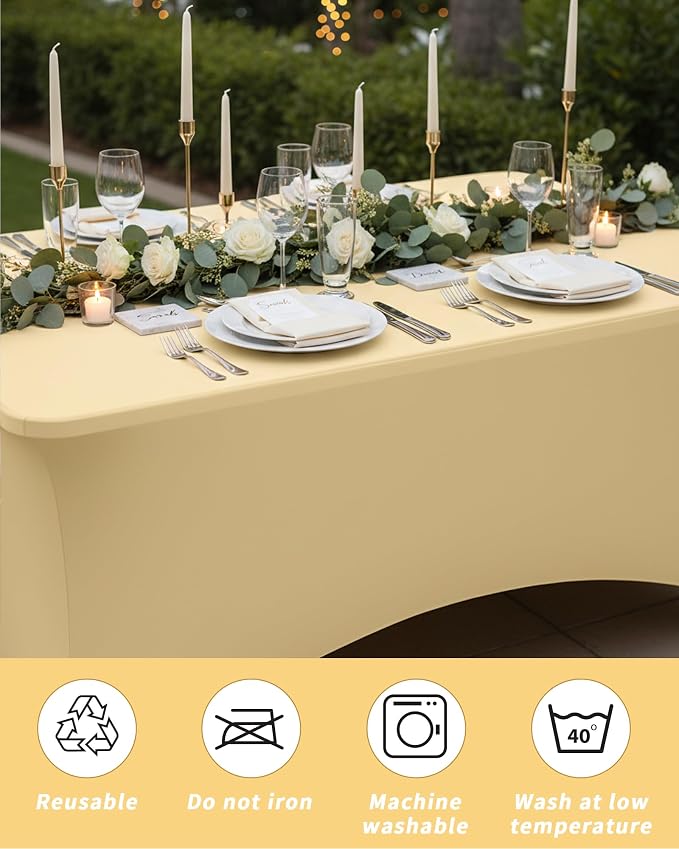 Fixwal Champagne Stretch Table Cloth Rectangle 2 Pack 6Ft, Spandex Fitted Table Covers Washable for Party, Trade Show, Banquet, Wedding, Buffet