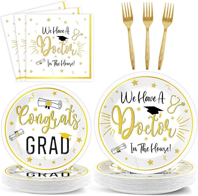 96Pcs Doctor Graduation Party Supplies We Have A Doctor in The House Paper Plates and Napkins Nurse Congrats Gad Tableware Disposable Dessert Dinnerware for PHD Medical School Grad Decor for 24 Guests