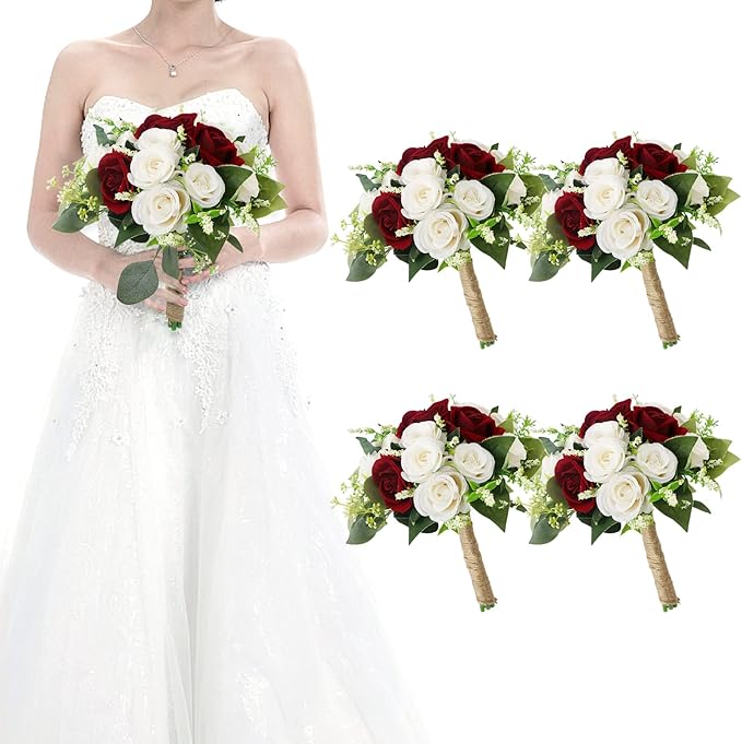 Set of 4 Bridesmaid Bouquets for Wedding - 7 Inch Artificial Wedding Flower Bouquet for Party Ceremony Anniversary Dinning Table Centerpieces Decor - Burgundy & White