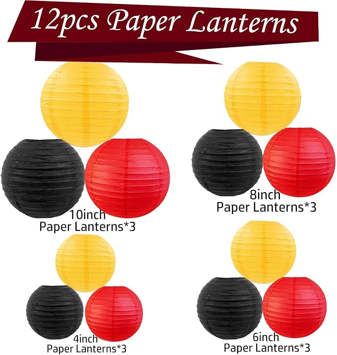 Red -Yellow and Black Paper Lanterns 12Pcs Hanging Lanterns for Birthday Party, Wedding, Home Decor, Baby Shower Festive Decoration