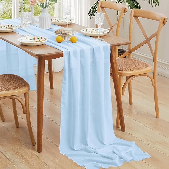 Horbaunal 12 Pack Baby Blue Chiffon Table Runners 10FT Sheer Chiffon Runner 29x120 Inches Romantic Boho Rustic Table Runner for Wedding Party Bridal Baby Shower Table Decorations