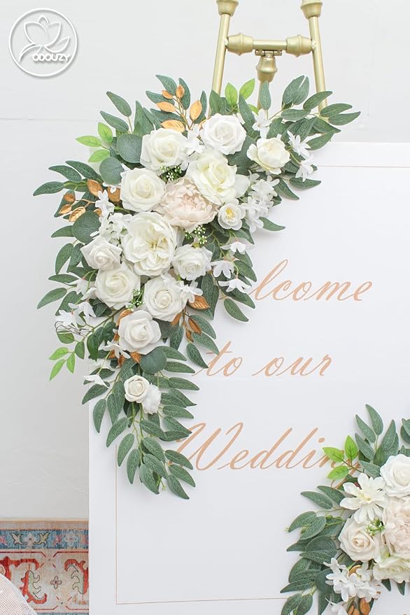 Odouzy Pack of 2 Wedding Arch Decorations Artificial Hanging Flowers Floral Swag for Wedding Welcome Sign Backdrop Balloon Arch Home Party Bridal Ceremony Reusable(White)