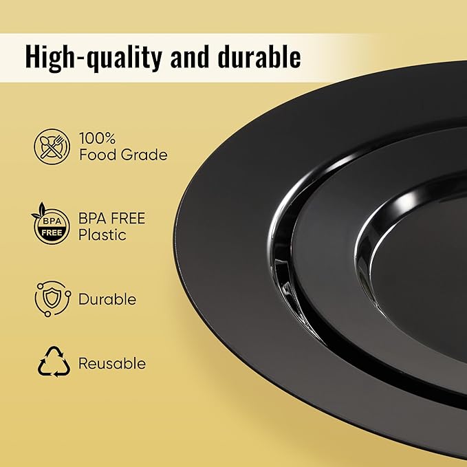 Fijinhom 100PCS Black Disposable Plates for 50 Guests Including 50PCS 10" Dinner Plates & 50PCS 7" Dessert Plates, Black
