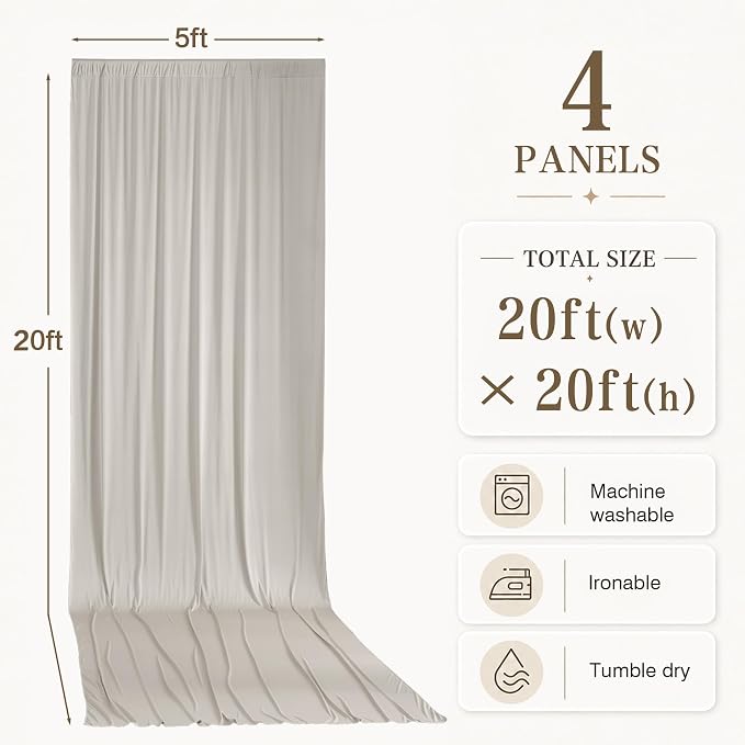 4 Panels 5x20ft Beige Ceiling Drapes for Wedding Parties, Wrinkle Free Off White Thick Polyester 20ft Extra Long Wedding Draping Arch Drapery for Birthday Party Canopy Tent Decor