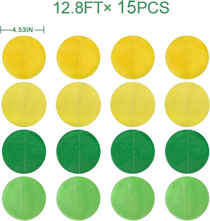 205Ft Yellow Green Party Decorations Ombre Green Yellow Circle Dot Backdrop Garland Tissue Paper Polka Dots Hanging Streamer for Spring Summer Birthday Engagement Wedding Bridal Shower Party Supplies