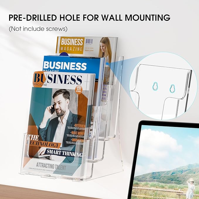 KTRIO Acrylic Brochure Holder 8.5 x 11, 3 Tier Literature & Pamphlet Organizer with Removable Divider for 4 Inch Flyers, Clear Display Stand for Desk & Wall Mount, 2 Pack
