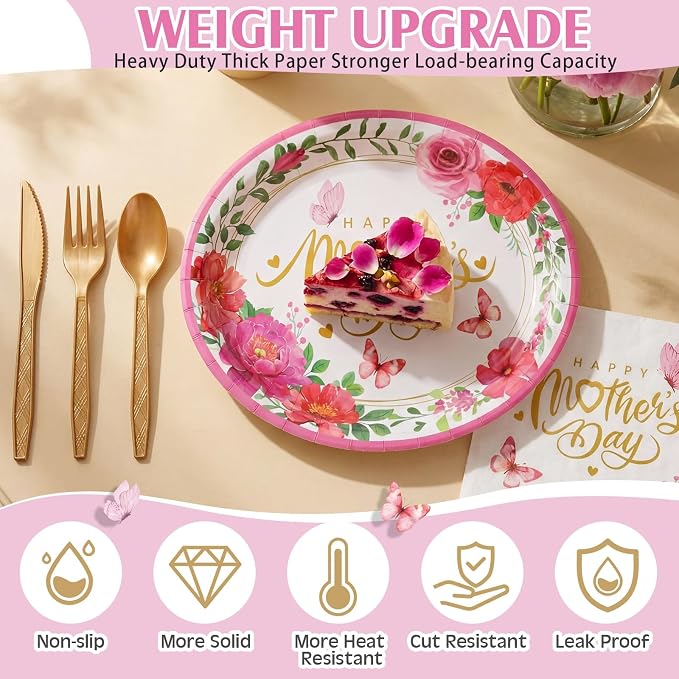 Pajean 350 Pcs Happy Mother's Day Party Decorations with 12 inch Disposable Oval Plates and Napkins Knives Flowers Design Heavy Duty Paper Tableware Set for 50 Guests Mother's Day Party Supplies