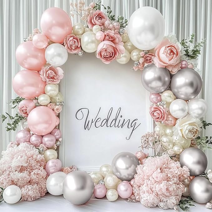 Pearl White and Pink Balloon Arch Double Stuffed Light Pink White Silver Balloon Garland with Sliver Foil Latex Balloons for Neutral Birthday Baby Girl Bridal Shower Wedding Party Decoration