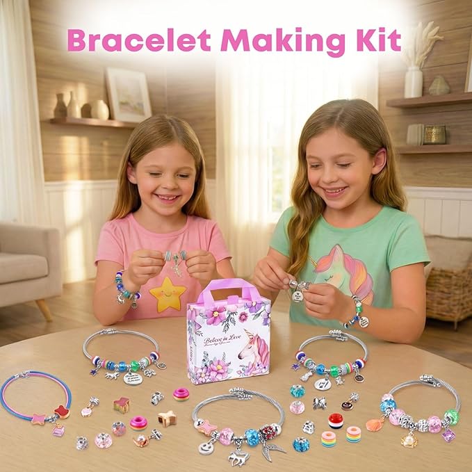 COO&KOO Girls Charm Bracelet Making Kit: Gifts for 6 7 8 9 10 Year Old Girl Birthday Gift, Girls Toys Age 6-8 Unicorn Crafts for Girl 8-12 Jewelry Making Kit, Arts and Crafts for Kids Ages 8-12