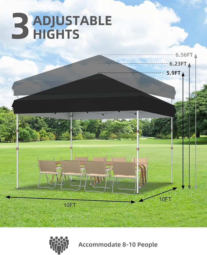GarveeLife 10x10 Pop Up Canopy with One Button Push Setup - Heavy Duty Outdoor Canopy Tent with Portable Roller Bag - 3 Adjustable Height, 4 Weight Bags, 8 Stakes & 4 Guy Ropes Included, Black
