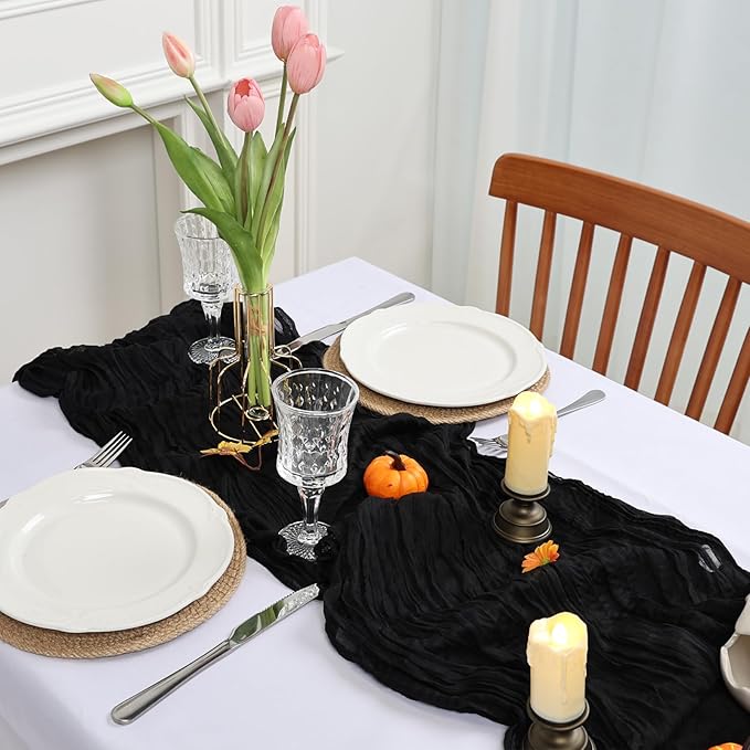 8 Pack Table Runner Black Cheesecloth 10ft Boho Gauze Fabric 120 Inch Cheese Cloth Table Runner Rustic Sheer for Holiday Baby Shower Party Décor Home Wedding Decoration