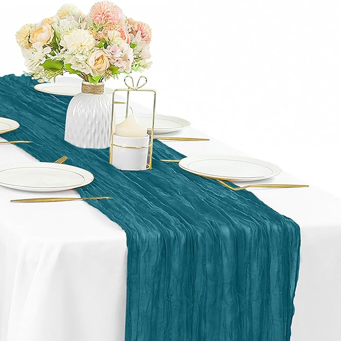 Teal Cheesecloth Table Runner 10FT Runner for Tables Gauze Fabric Boho Table Runner Decoration Rustic Sheer Runner for Wedding Shower Birthday Party Table Arbor Decor (35 x 120 Inches Long)