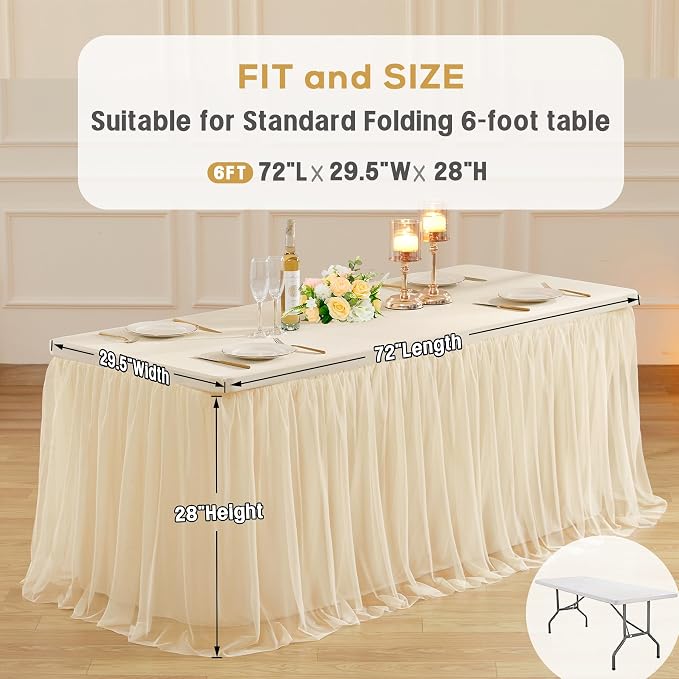 2 Pack 6ft Champagne Tulle Tablecloths for Rectangle Tables, 72 x 30 Inch Rectangular Table Cloth, Wrinkle Free Table Cover with Tutu Skirt for Wedding Birthday Party Banquet Buffet Decorations