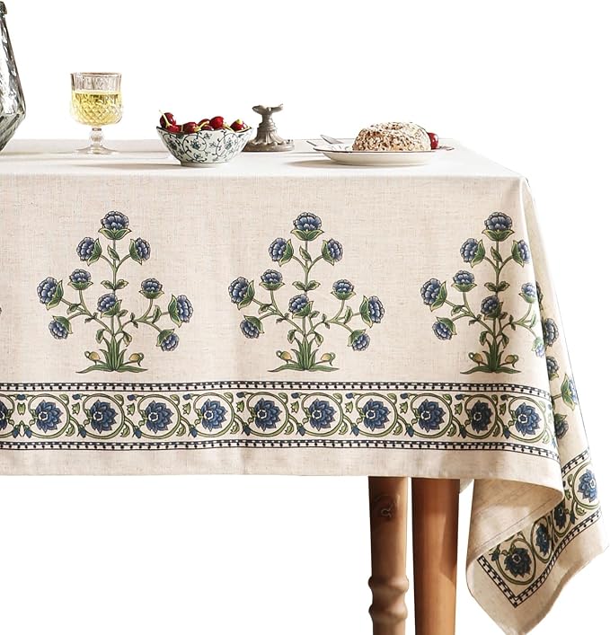 patdrea Vintage French Linen Tablecloth,Square,67"x67"-Ivar B | Elegant Table Cloth for Square Table,Blue and White Floral Patterned,Dining Room,Tea Party,Thanksgiving Decor