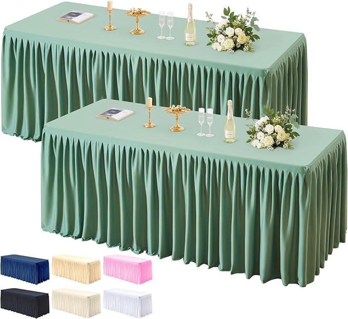 PARTISKY 2 Pack Sage Green Tablecloths for Rectangle Tables 6ft, Wrinkle Resistant Spandex Table Cover Fitted Stretch Table Cloth with Pleated Ruffle Skirts for Party Banquet Dining Birthday Wedding