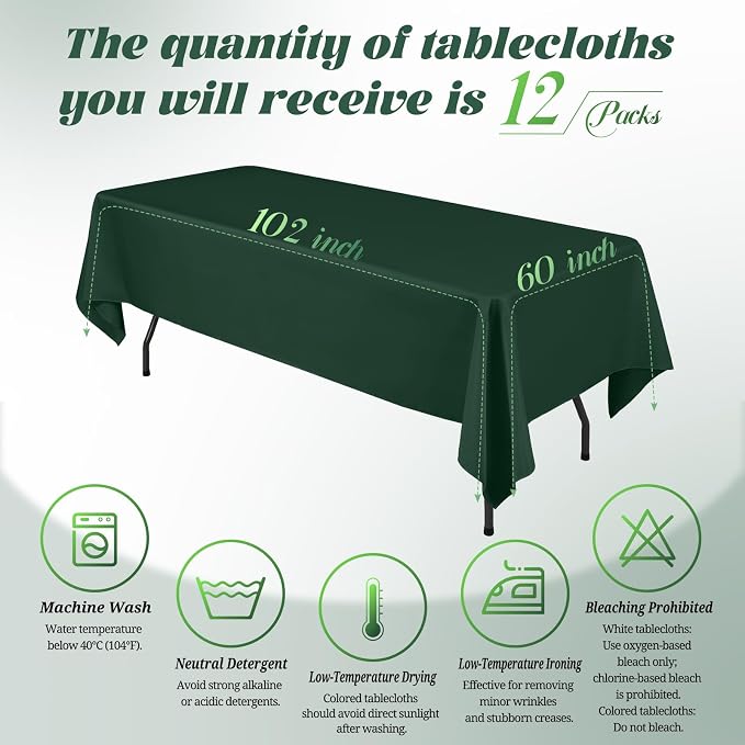 Teruntrue 12 Packs Hunter Green Tablecloths 60x102 inch Rectangle Table Cloth for 6 Foot Rectangle Tables, Washable Polyester Fabric for Wedding Parties Dinner Table Decorative, Hunter Green
