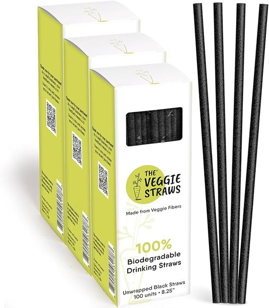 The Veggie Straws – 300 PCS of 8.25 Inches Unwrapped Biodegradable Black Straws – Made of Vegetable Fibers, Best Environment Friendly Drinking Straws for Hot and Cold Beverages