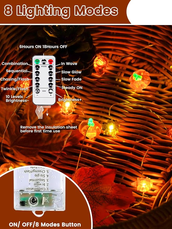 2 Pack 60LED Fall Decoration 3D Pumpkin Acorn Maple Leaf String Lights Battery Operated, 20FT Fall Lights with Remote, Waterproof 8 Modes Fairy Lights for Autumn Harvest Thanksgiving Halloween Decor