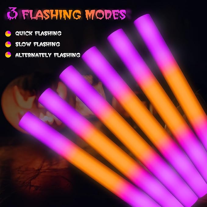Retisee 24 Pcs 16 Inch Halloween Glow Sticks Bulk LED Foam Sticks Orange and Purple Light up Party Favors Glow in the Dark Light Sticks with 3 Flashing Modes for Birthdays Weddings Raves Concerts