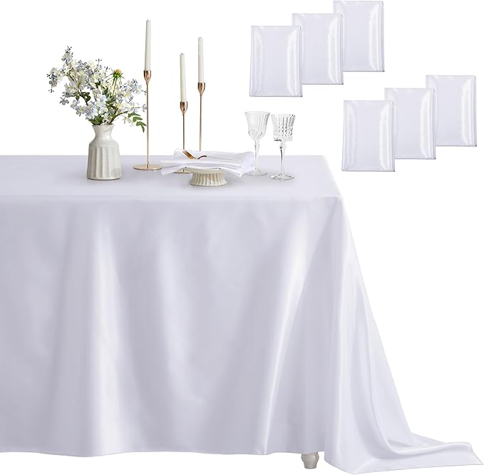 6 Pack Satin Table Cover Rectangle Silkly Soft Table Cloth, Satin Dining Table Cloths for Wedding Banquet Table Decoration, Dining Room, Indoor and Outdoor Use, 60 x 84 Inches, White