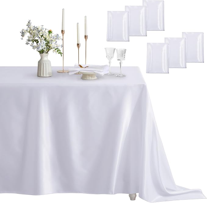 6 Pack Square Satin Table Cover Silkly Soft Table Cloth, Satin Dining Table Cloths for Wedding Banquet Table Decoration, Dining Room, Indoor and Outdoor Use, 52 x 52 Inches, White