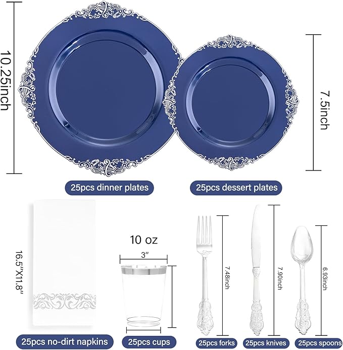 Hioasis 175pcs Blue and Silver Plastic Plates - Elegant Disposable Dinnerware Set Suitable for 25 Guests Include 10.25" Dinner & 7.5" Dessert Plates, Cutlery, Napkins, Cups for Party & Wedding