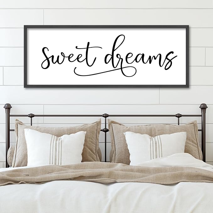 YWJKWLGS Sweet Dreams Wall Decor Signs Above Bed Bedroom Wall Art Over Bed | 40x15 Inch Farmhouse Handwritten Art Large Rustic Black Wood Framed Master Guest Room Kids Room Wall Hanging