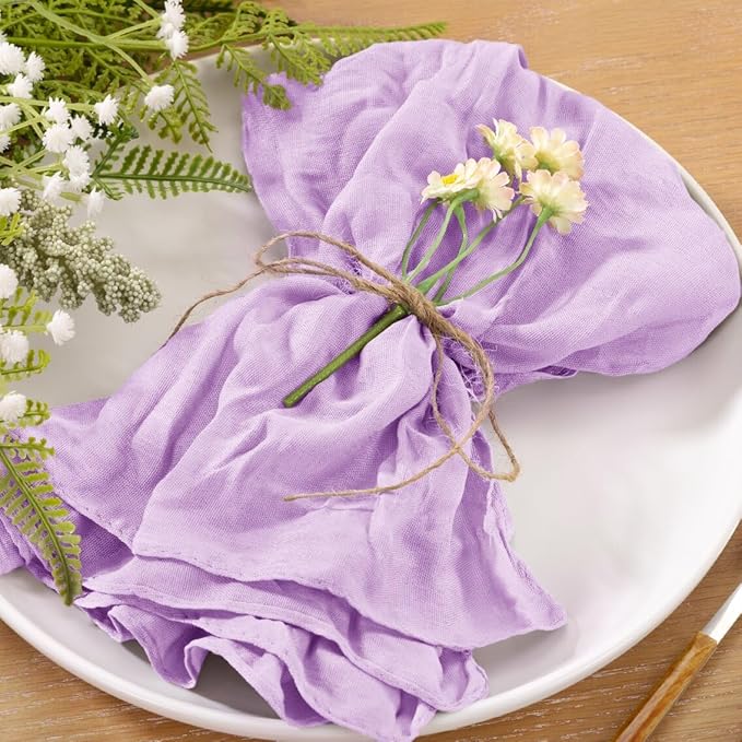 25pcs Lilac Cheesecloth Napkins Mother‘s Day Spring Washable Boho Rustic Gauze Table Cloth Napkins Bulk 21x21 Inches for Wedding Party Bridal Baby Shower Birthday Table Decor