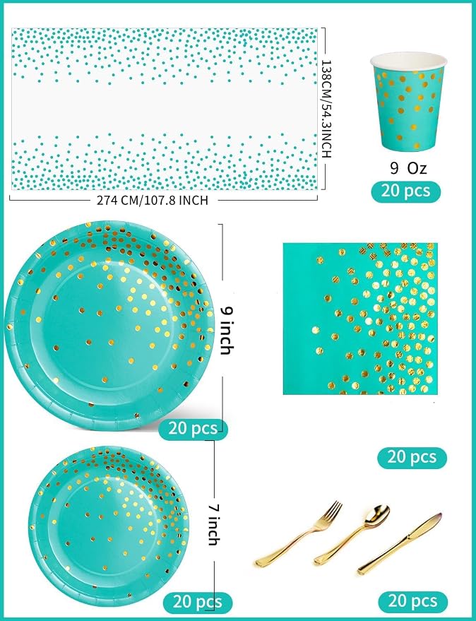 Nkaiso 141 Pieces Blue Green and gold Party Supplies, Disposable Party Decorations Sets Include Paper Plates Napkins Cups, Plastic Forks Knives Spoons, for Baby Shower Birthday Wedding -20 Guests