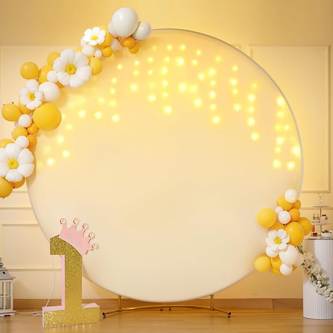 7.2 FT Ivory Round Backdrop Cover with Lights String for Circle Arch Stand Circle Backdrop Covers with LED Fairy Lights for Wedding Arch Baby Shower Birthday Party Photo Shoot Photography Background