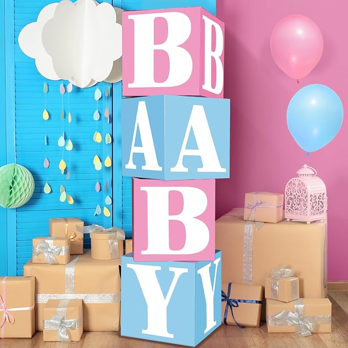 AmazingSpark 4 Pcs Gender Reveal Decorations Baby Boxes with Letters Baby Gender Reveal Pink and Blue Box Decor with Letters B A B Y Blocks Design for Party Backdrop