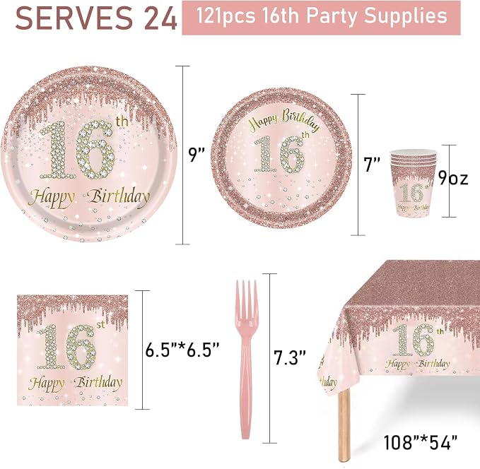 121Pcs 16th Birthday Party Supplies Plates Napkins Cups Forks Tablecloth Rose Gold Happy 16th Birthday Themed Disposable Tableware Decorations Serves 24 Guests for Girls 16 Years