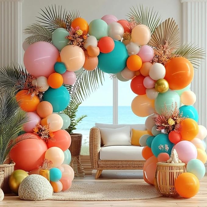 Pinbra Pastel Balloons Garland Kit Coral Pink Teal Blue Balloons Double Stuffed Light Green Orange Gold Metallic Latex Arch for Tropical Hawaii Luau Birthday Baby Shower Easter Party Decorations