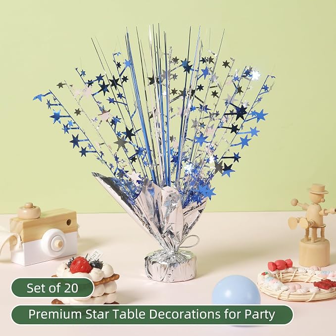 20 Pack Blue Silver Foil Spray Centerpiece Star Table Decoration Metallic Burst Table Centerpieces for Birthday Graduation New Year Wedding Anniversary Party Supply (Blue Silver)