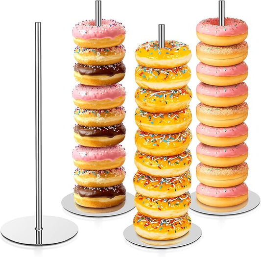 4 Pcs Metal Donut Display Stand Tower Bagel Holder Cake Stand Dessert Table Doughnut Holder Display Tower for Birthday Wedding Party and Donut Themed Party Decorations (Silver)
