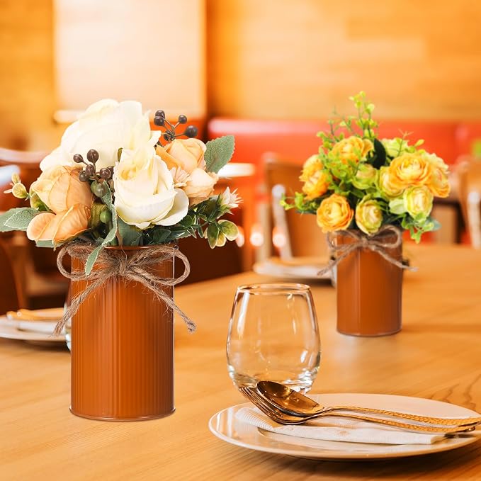 Rustic Vase for Table Centerpieces 4.33 Inch Small Petite Flower Vase with Twine Bow Vintage Farmhouse Decor for Wedding Reception Dining, Home Galvanized Metal Buckets(Dark Amber,12 Pcs)