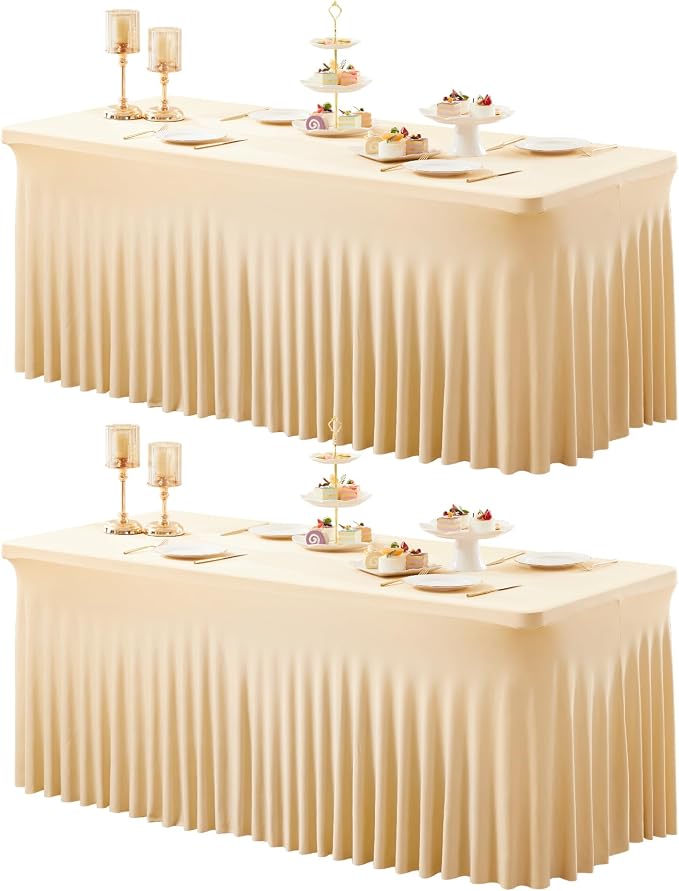 2 Packs Dark Champagne Spandex Tableclothes for 8 Foot Rectangle Tables, Wrinkle Free 8ft Fitted Table Cover Stretch Table Cloth Desk Skirt for Weddings Baby Shower Birthday Party Banquet Decorations