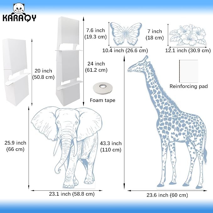 4PCS Blue Jungle Animal Cardboard Standee Set, Giraffe Elephant Cardboard Standee Cutouts, Safari Baby Shower Decorations for Birthday, Gender Reveal