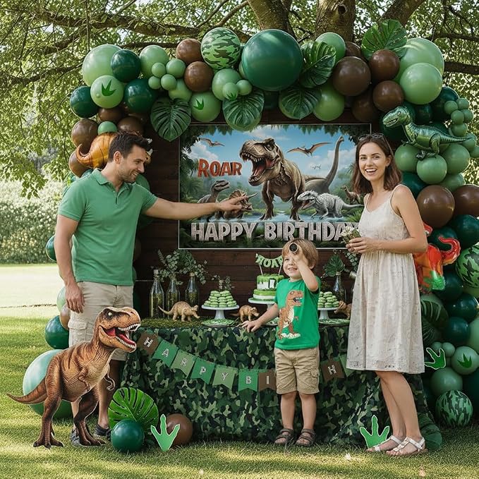 Dinosaur Birthday Party Decorations with Dinosaur backdrop Hunter Green brown balloon arch & Small dino Foil balloons & birthday Banners for Kids Jungle ROAR Three-REX Wild one theme Party Supplies