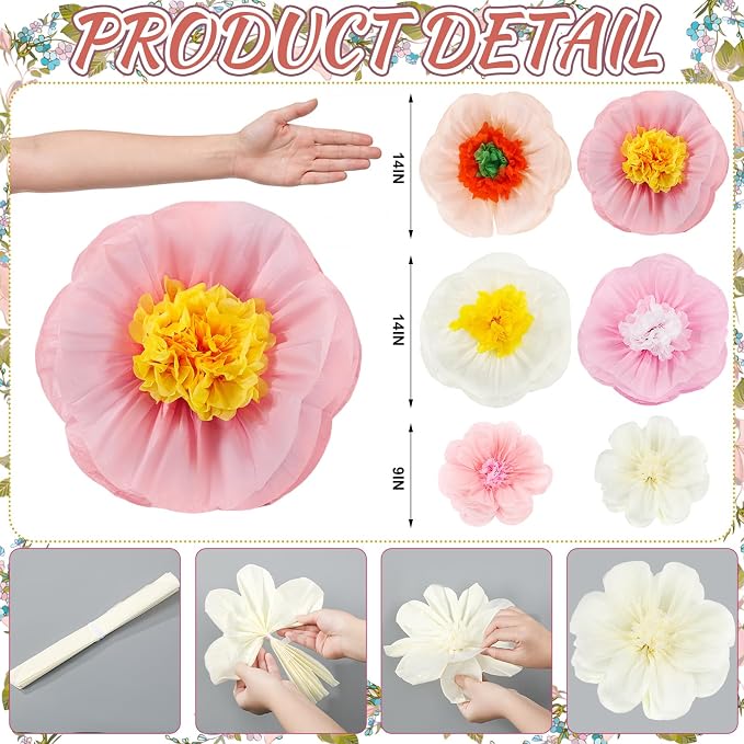 Giegxin 6 Pcs 14'', 9'' Pastel Large Paper Flowers for Wall Decorations Pink Tissue Crepe Flowers Pastel Party Decorations Floral for Classroom Wedding Baby Shower Birthday Tea Party Art Backdrop