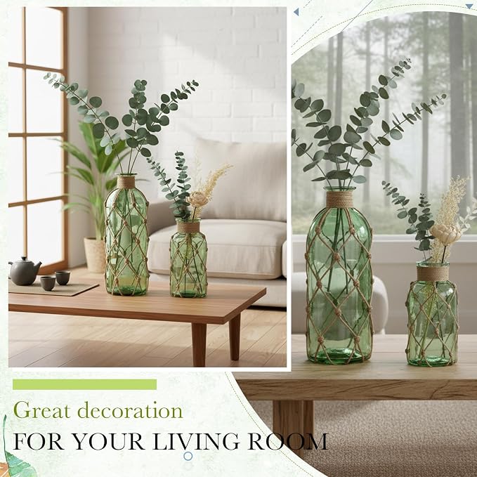 Chuangdi Set of 2 Coastal Glass Vases for Flowers TSITP Flower Vase with Boho Rope Small Sea Glass Jar Nautical Beach Bottle for Wedding Table Centerpieces Floral Arrangement Decor(Green)