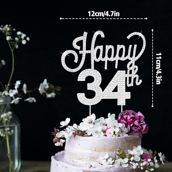 LINGTEER Happy 34th Birthday Silver Rhinestone Cake Topper - Cheers to 34th Birthday 34 Years Old Anniversary Party Cake Centerpieces Topper Decorations Gift Sign.