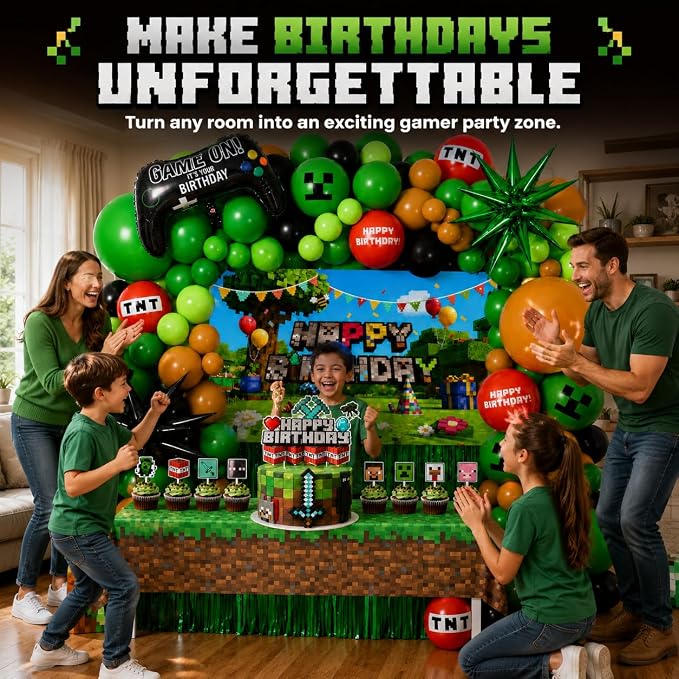 Pixel Game Birthday Party Decorations, “Game On” Pixel Theme Party Supplies Kit for Boys & Girls —131 Pcs Balloons, Backdrop, Curtain, Table Cover, Cake Toppers