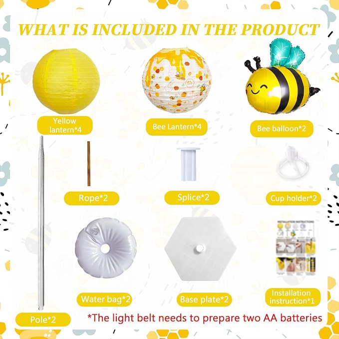 Bee Balloon Column Stand Kit And Paper Lantern 2 Sets 5.5 Feet with Reusable Metal Telescopic Design for Bee Parties, Birthday Decorations