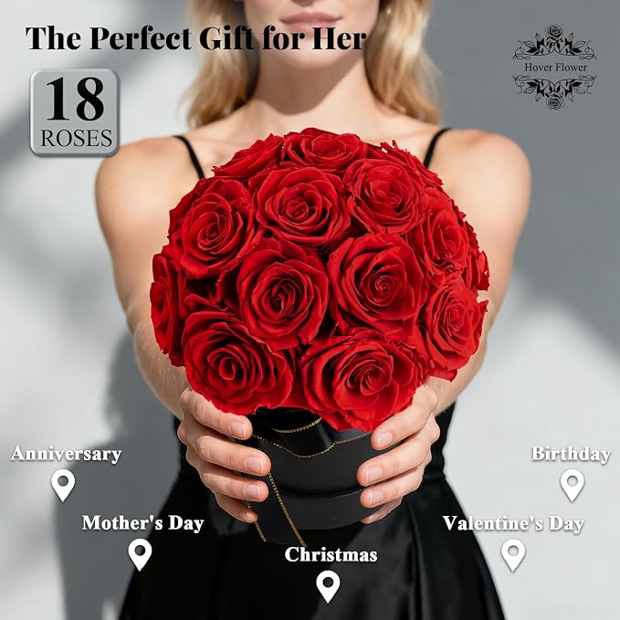 18 Preserved Flowers for Delivery Prime, Roses Dome Forever Flower Decor for Party Home Table Bedroom, Anniversary, Birthday, Wedding Gifts for Women Her (Red)