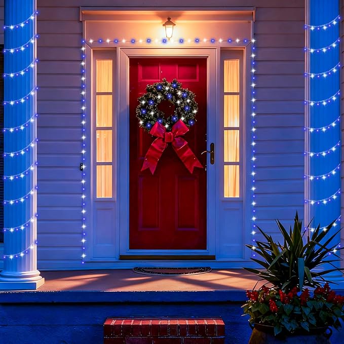 YEGUO Battery Operated String Lights, 2 Pack Each 33ft 100 LED Twinkle Fairy Lights Outdoor Waterproof, 8 Modes Clear Wire Blue and White Christmas Lights Indoor with Remote